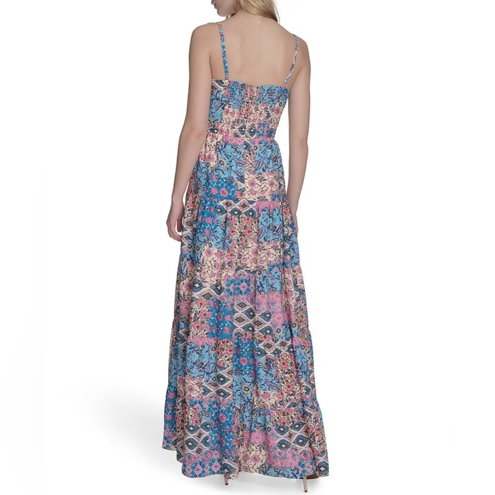 Eliza J 8 Sweetheart Tie Front Patchwork Print Crepe De Chine Maxi Dress Pockets - Picture 2 of 12